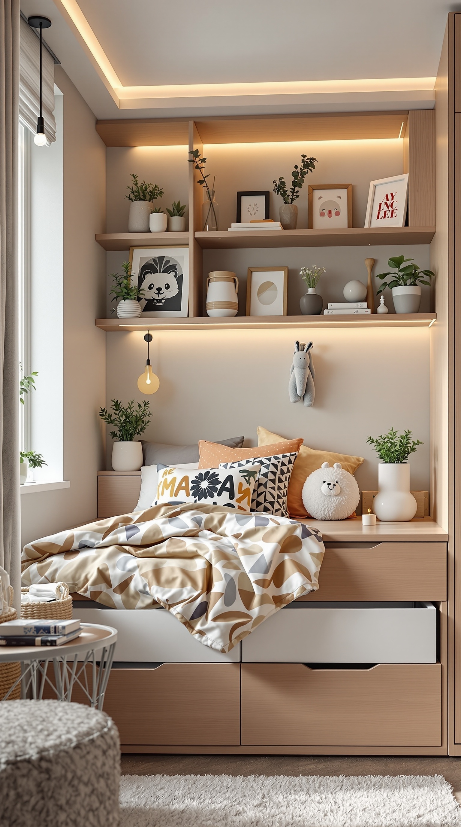 A small shared kids bedroom with clever storage solutions including built-in drawers and open shelves.