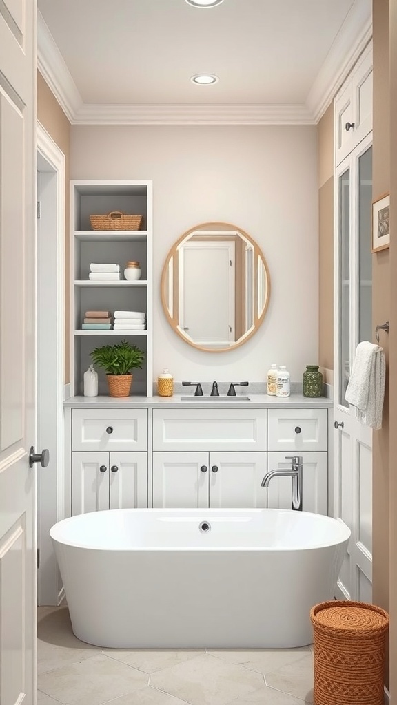 A beautifully remodeled basement bathroom with a freestanding tub, built-in cabinetry, and open shelving for storage.