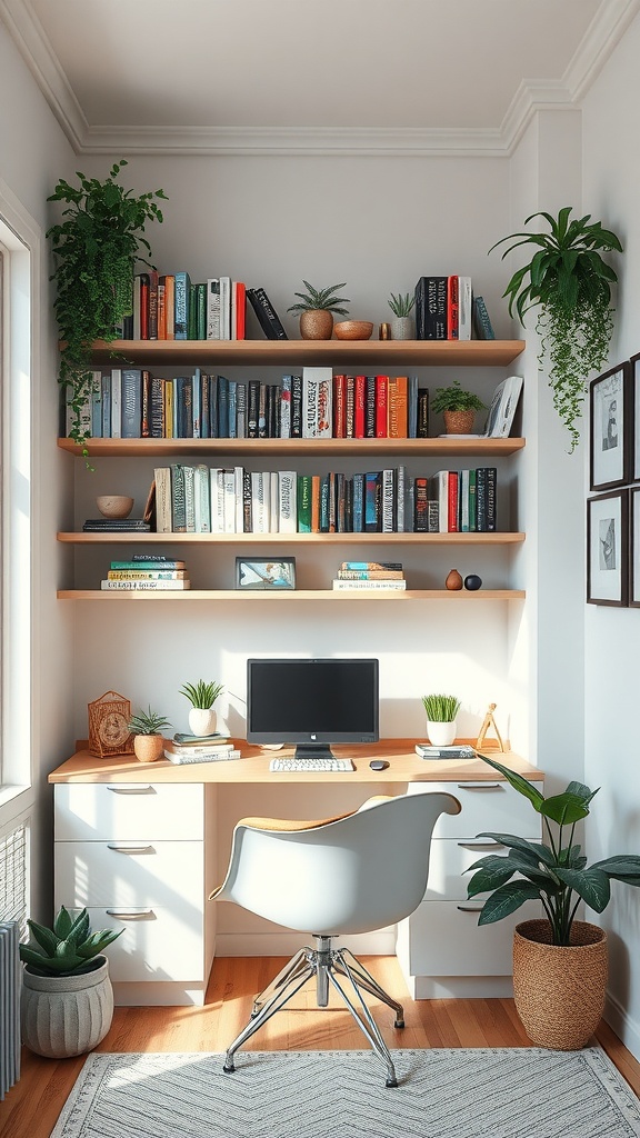 A small home office with shelves filled with books and plants above a tidy desk with a computer.