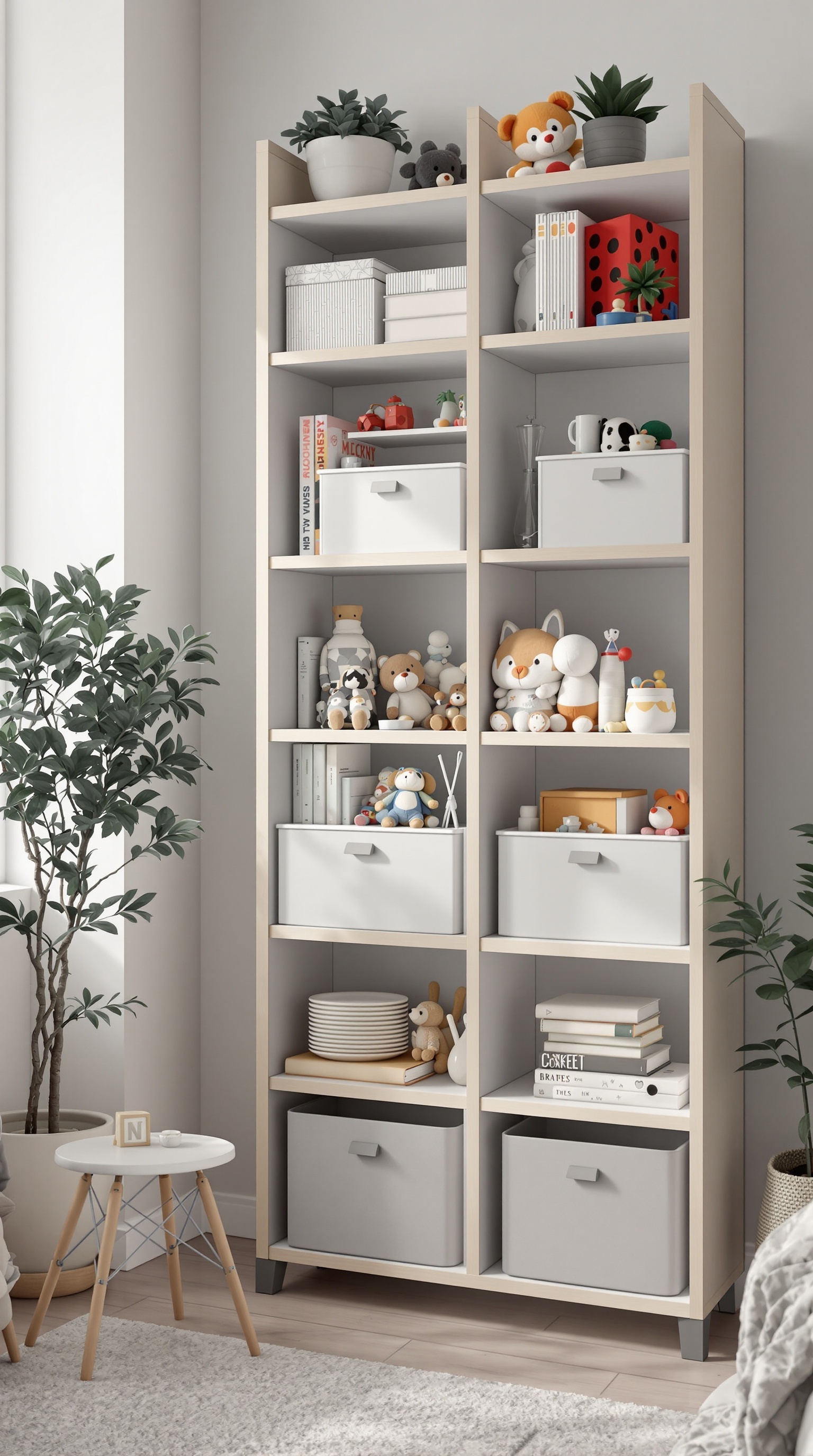 Tall shelving unit filled with toys, books, and decorative items, showcasing effective vertical storage.