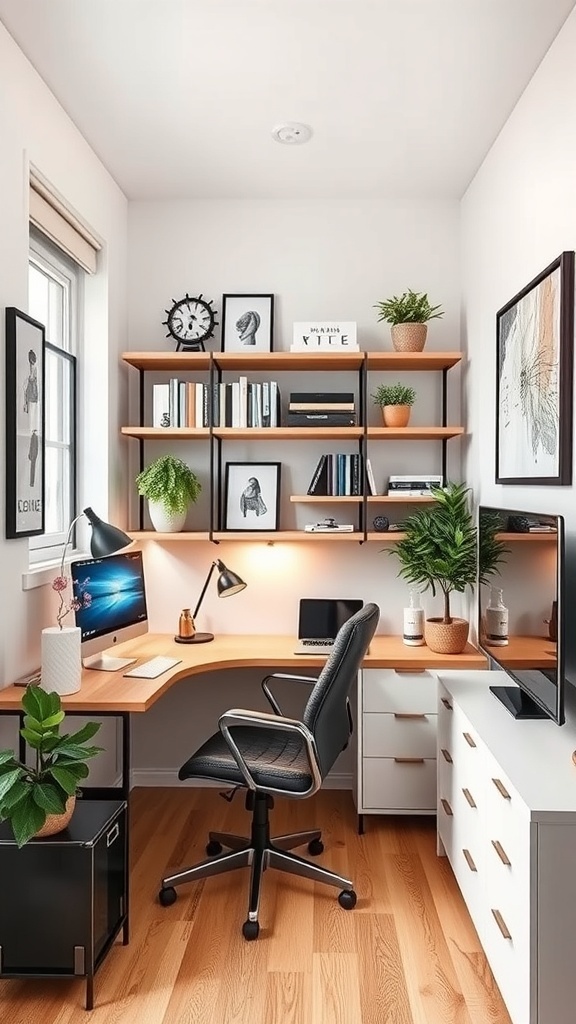 A cozy tiny home office with a corner desk, shelves filled with books and plants, and a warm wood tone.