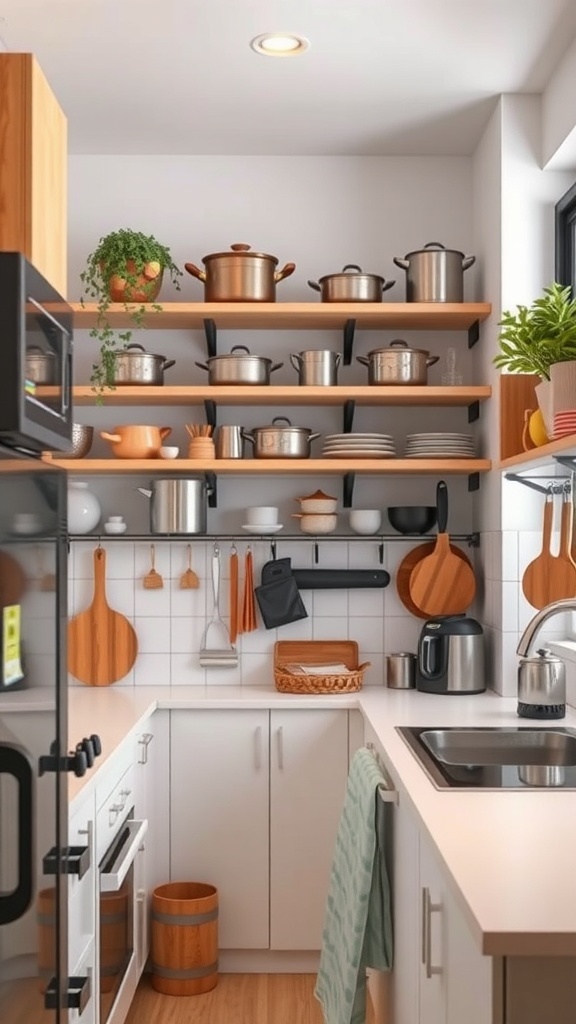 A small kitchen with open shelves filled with pots, pans, and dishes, showcasing vertical storage solutions.
