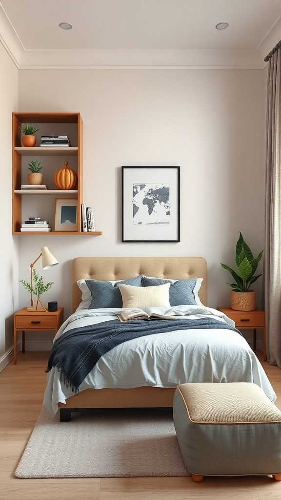 A small guest bedroom featuring a bed, floating shelves, and a plant, showcasing effective use of vertical space.