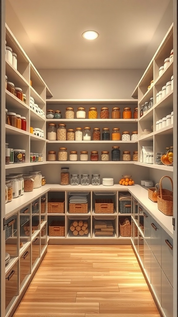 A well-organized small walk-in pantry with shelves filled with jars, baskets, and neatly arranged items.