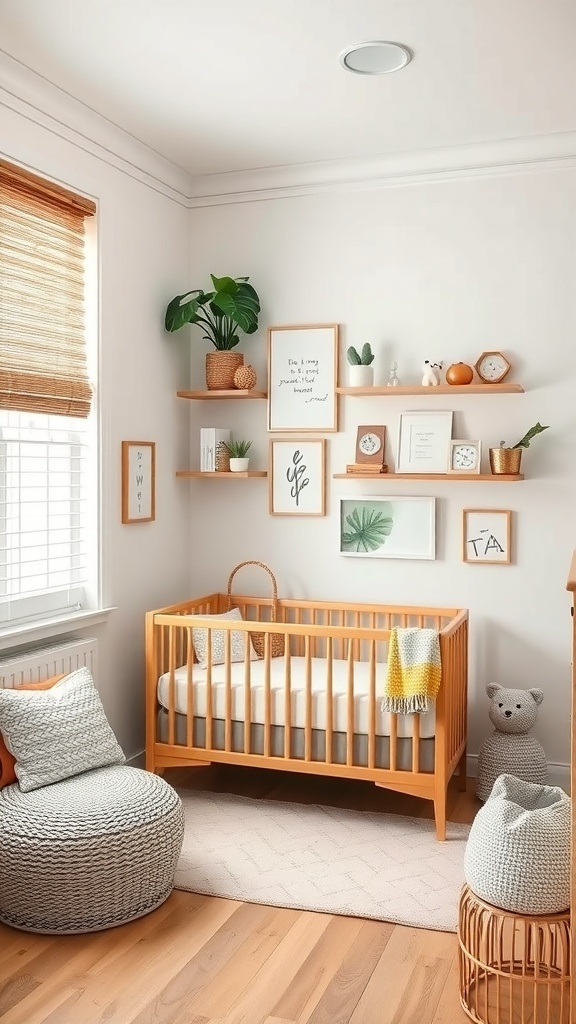 A small nursery with a wooden crib, decorative shelves, and cozy seating.