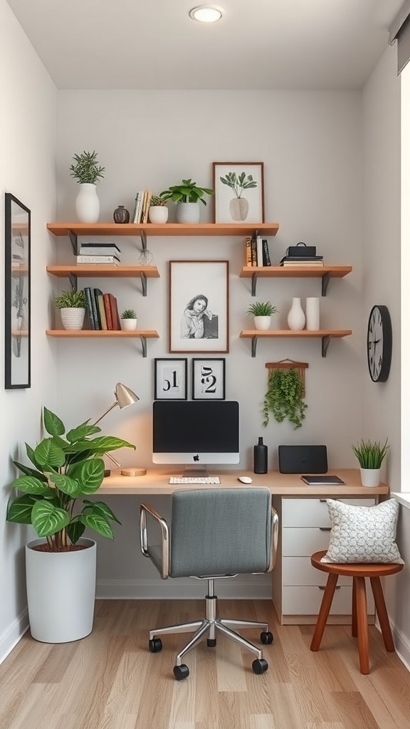 A small office with a desk, computer, and wall-mounted shelves filled with plants and books.