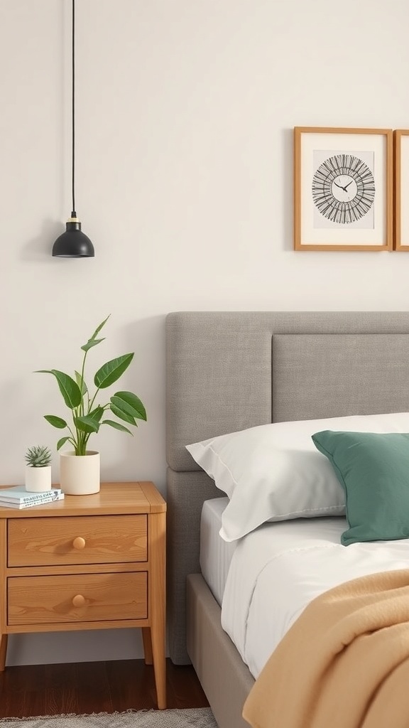 A neatly organized nightstand with a plant, lamp, and decorative items.