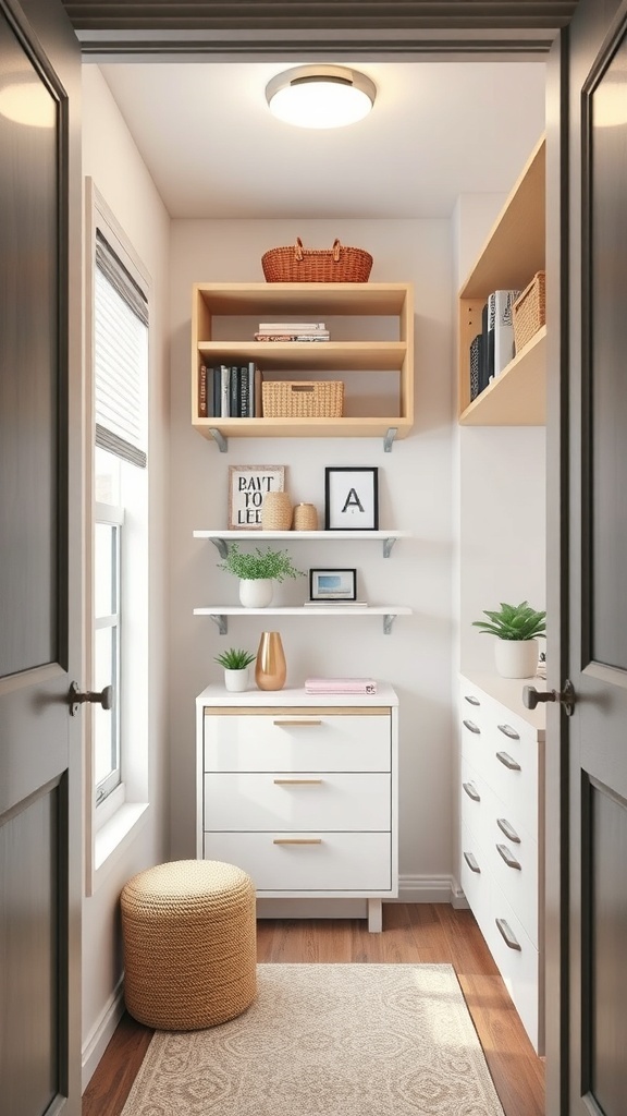 A small, organized closet with shelves, drawers, and decorative items.