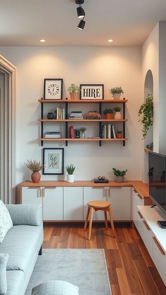 A cozy living area in a tiny studio apartment featuring wall-mounted shelves, a sleek cabinet, and a stool.