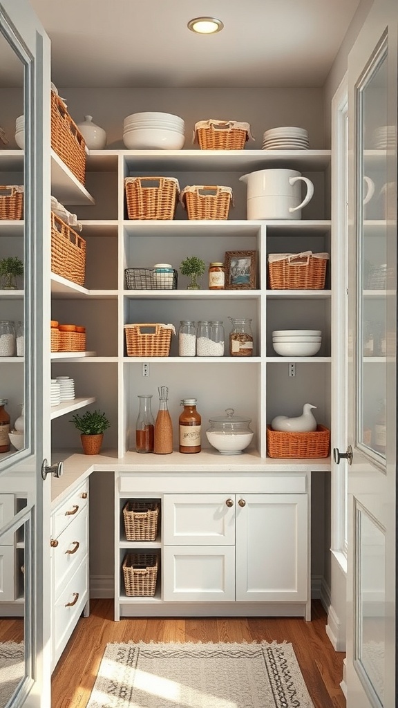 A well-organized small pantry with shelves filled with baskets and containers.
