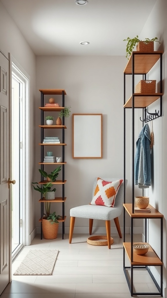 A small entryway featuring tall shelving units, a cozy chair, and hooks for hanging items.