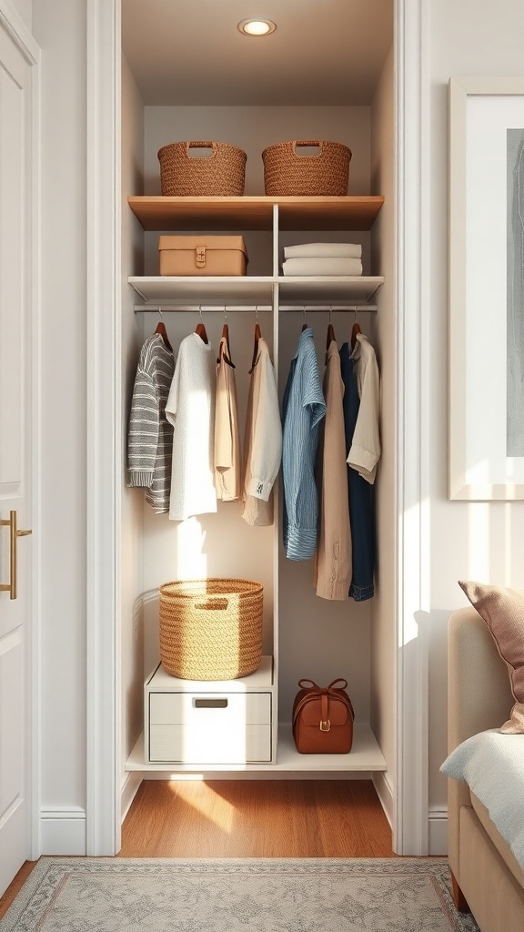 A well-organized small wardrobe with shelves, hanging clothes, and storage baskets.
