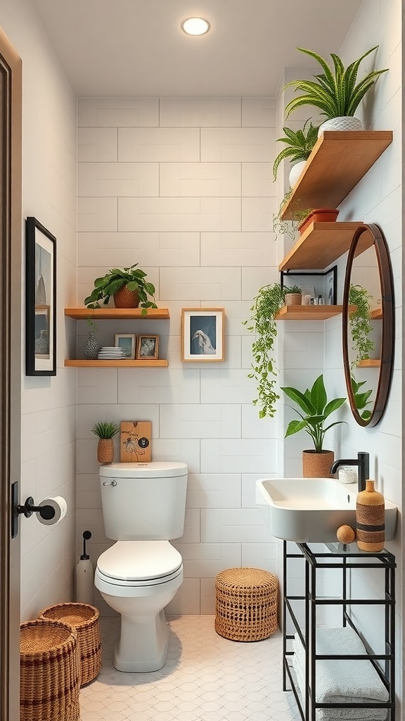 A small bathroom featuring wall shelves with plants, a round mirror, and a modern sink.