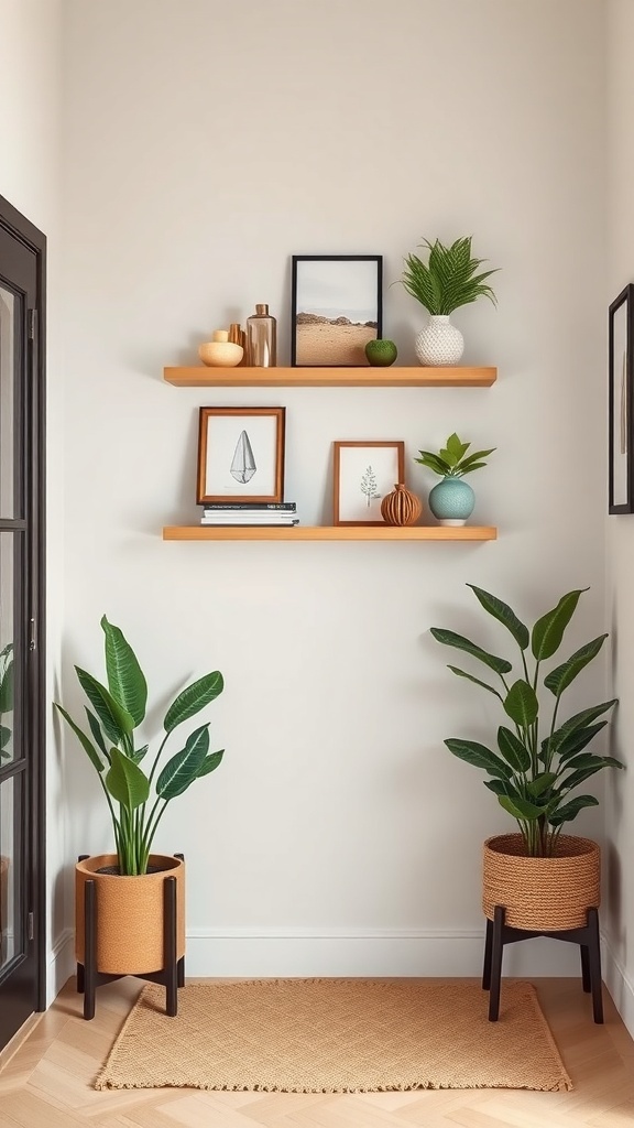 A stylish entryway featuring two wooden shelves with decorative items and plants, complemented by planters and a rug.