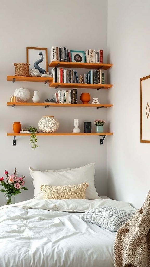 A small bedroom featuring wooden shelves filled with books and decorative items above a bed.