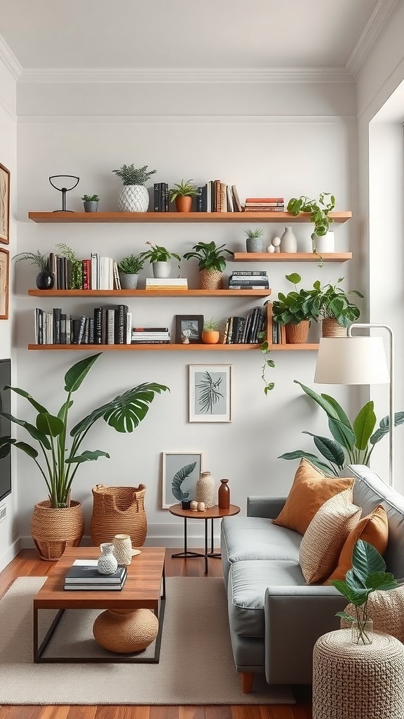 A cozy living room featuring vertical shelves filled with books and plants, enhancing the space's decor.