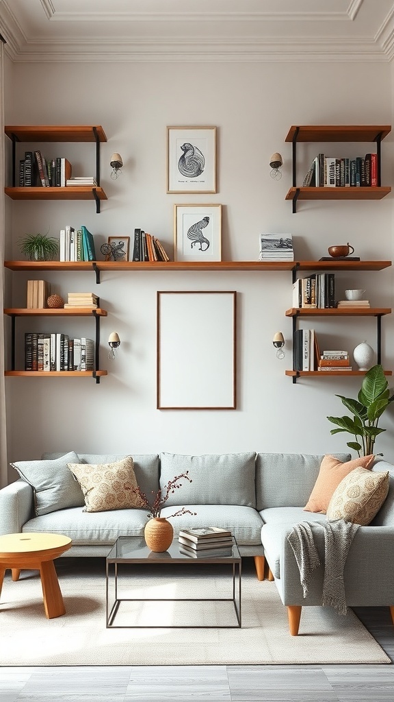 A small living room with wooden shelves displaying books and plants, featuring a cozy couch and decorative items.