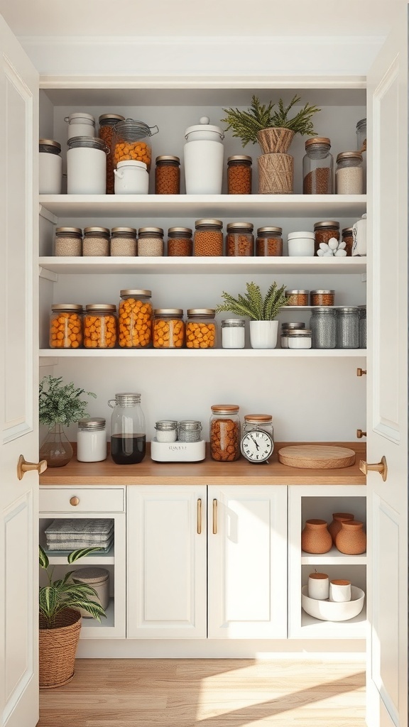 A well-organized pantry with multiple shelves filled with jars and containers.