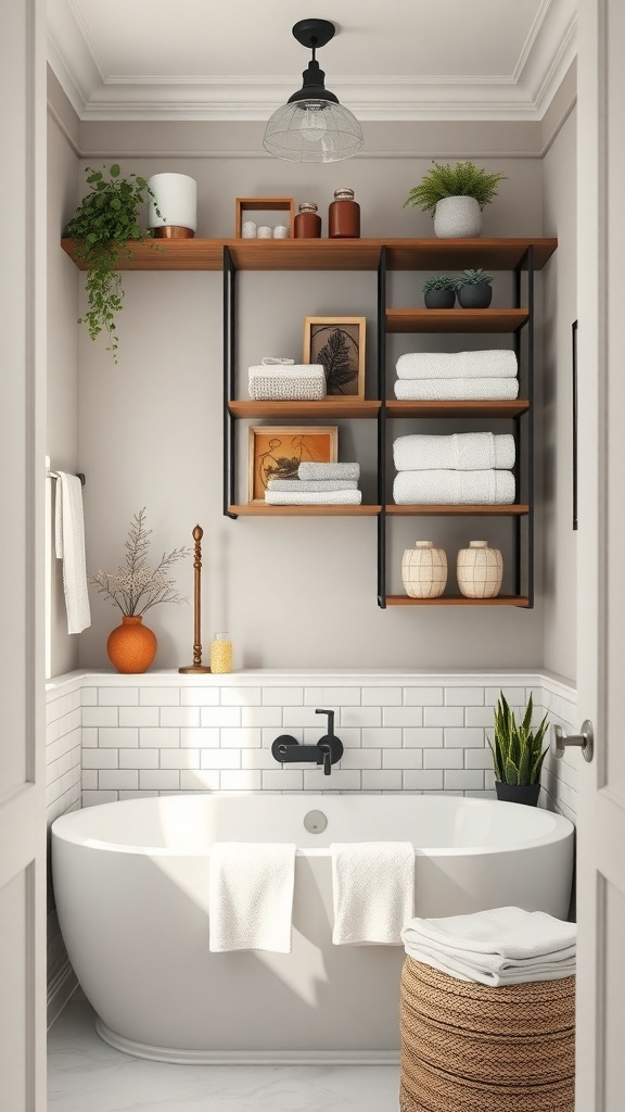 A small master bathroom featuring wooden shelving with neatly arranged towels and decorative items.