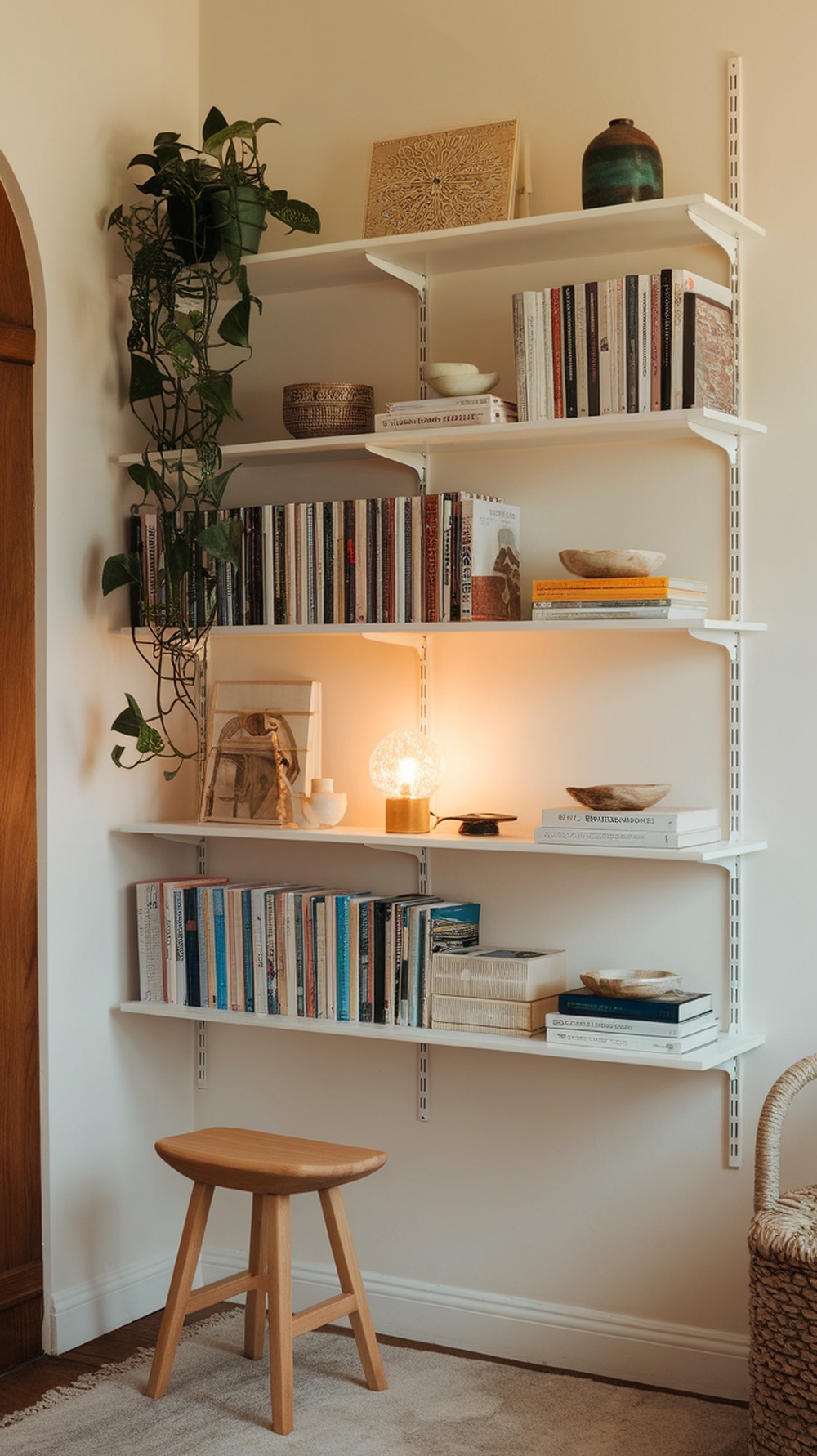 A small room with white shelving displaying books, decorative items, and a plant.