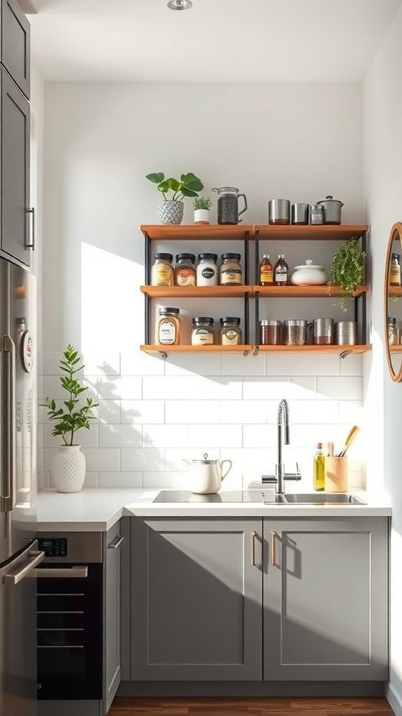 A small kitchen with gray cabinets and wooden open shelves displaying jars and plants.