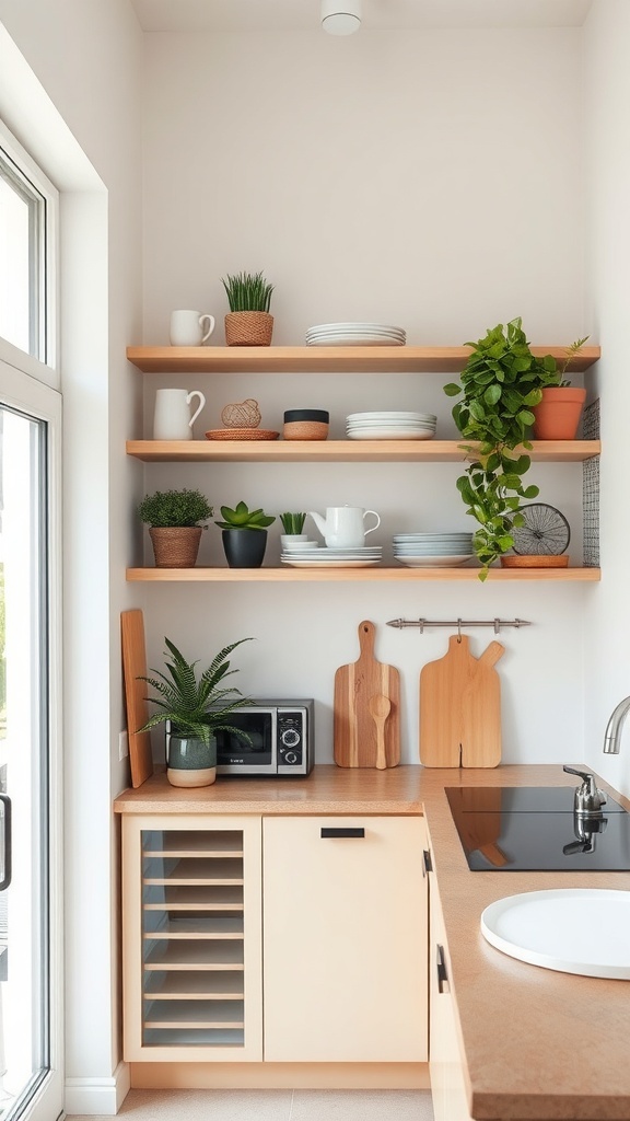 A small kitchen with open wooden shelves displaying plates, mugs, and plants.