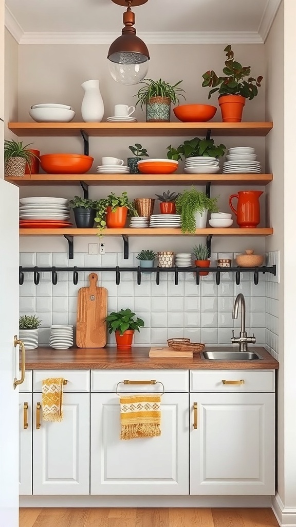 A small kitchen with open shelving displaying colorful dishes and plants, featuring a clean countertop and a cozy atmosphere.