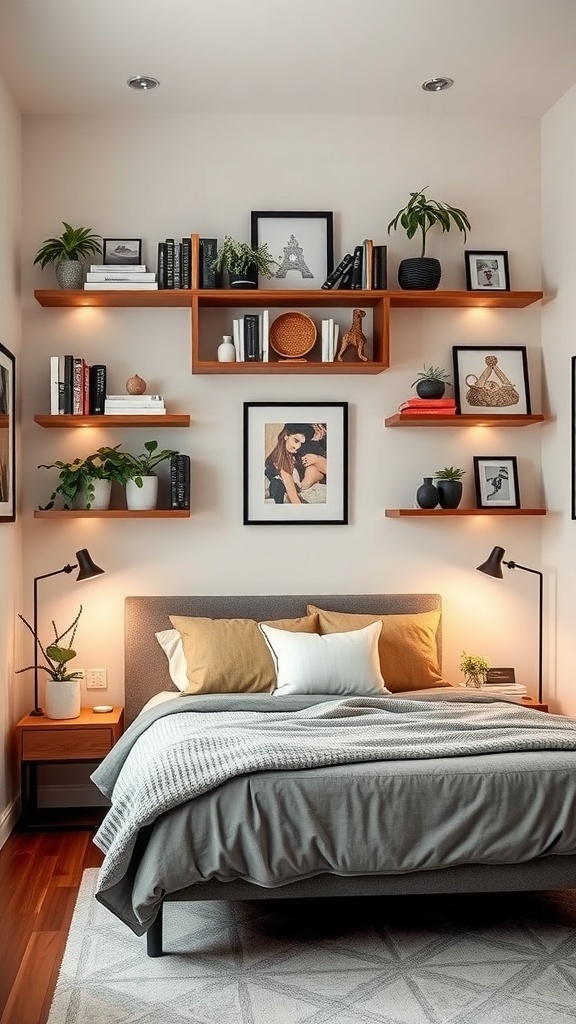 Cozy small master bedroom with wooden shelving above the bed, decorated with books, plants, and framed pictures.