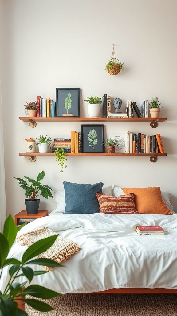 A cozy bedroom with floating shelves above the bed, decorated with plants, books, and artwork.