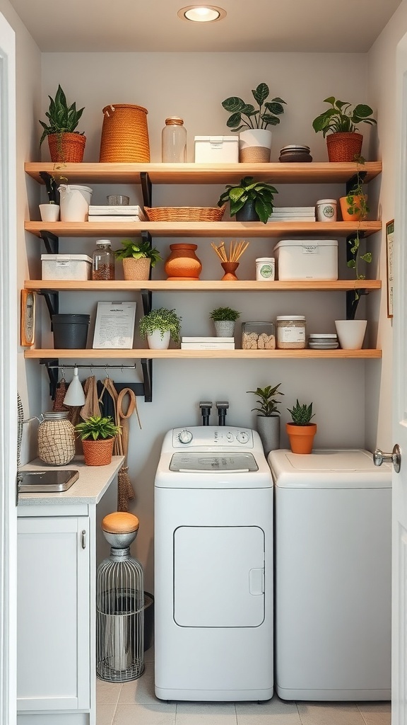A small utility room featuring open shelving filled with plants and storage containers, showcasing effective use of vertical space.