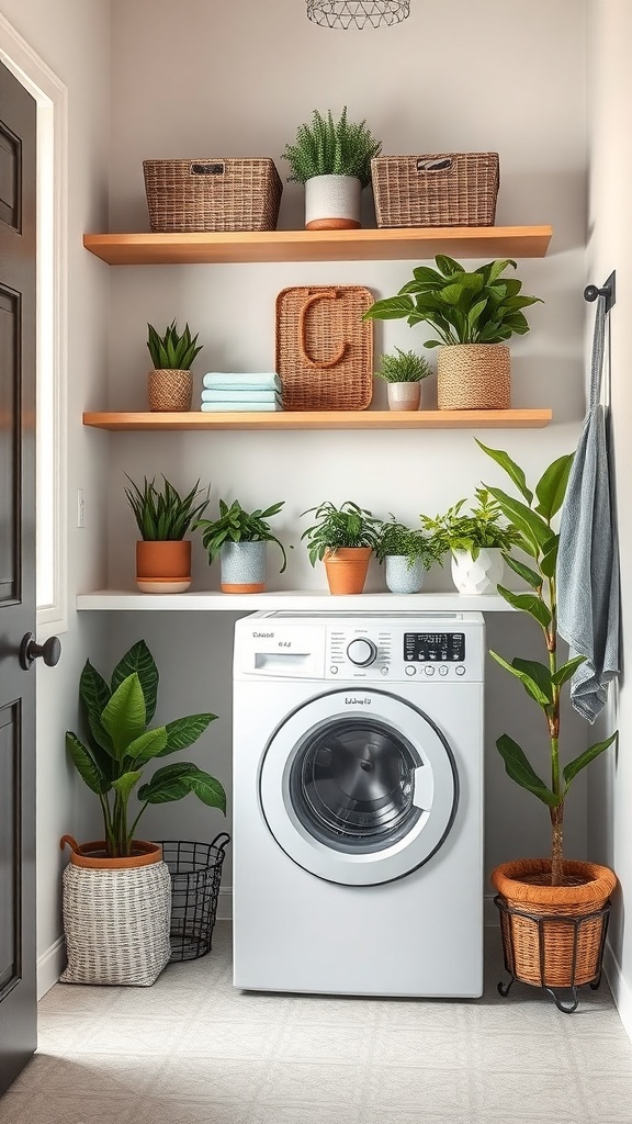 A small laundry room with white walls, a washing machine, and wooden shelves filled with plants and baskets.
