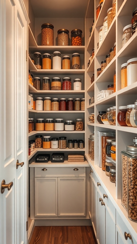 A narrow pantry with tall shelves filled with clear jars and containers, showcasing organized storage.