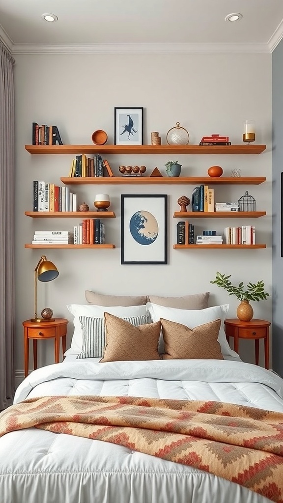 A cozy guest bedroom featuring warm wooden shelves filled with books and decorative items, creating an inviting atmosphere.