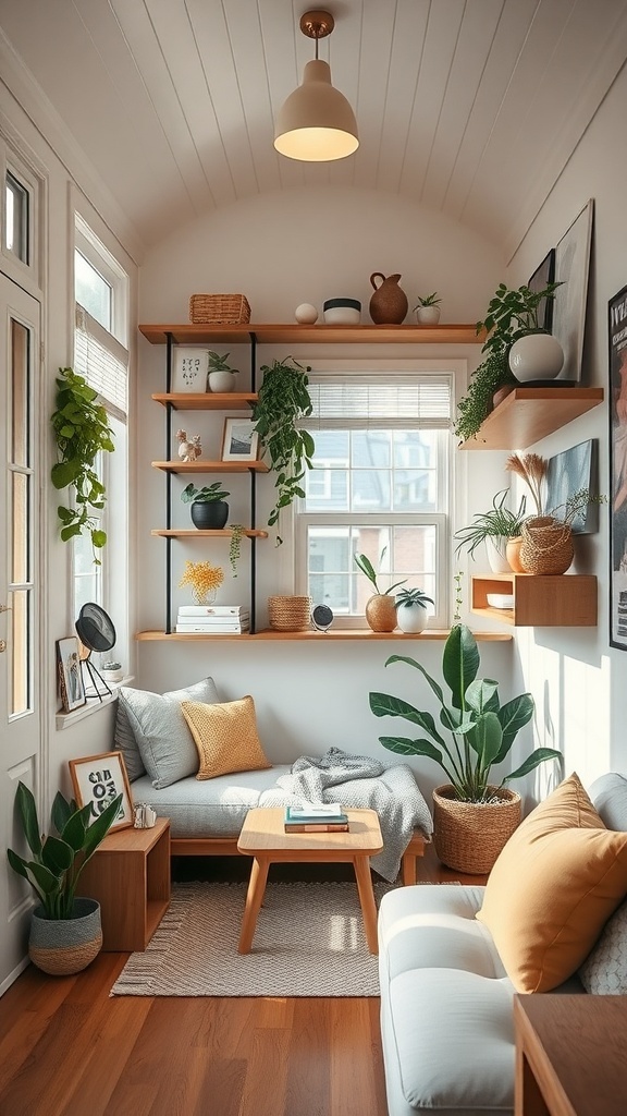 A cozy living room with shelves filled with plants and decor, maximizing vertical space.