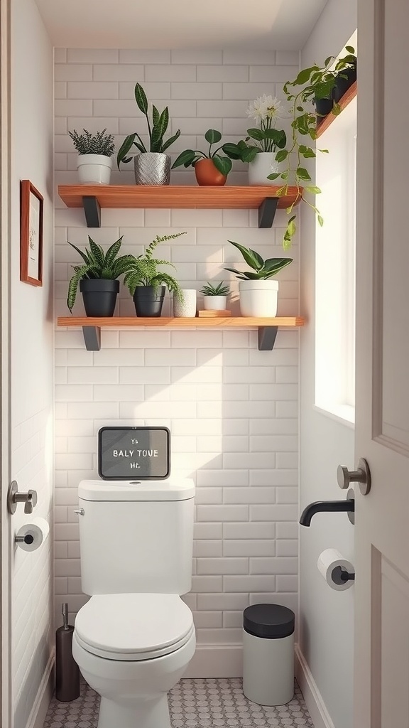 A small bathroom with wooden shelves above the toilet, displaying various potted plants and a decorative sign.