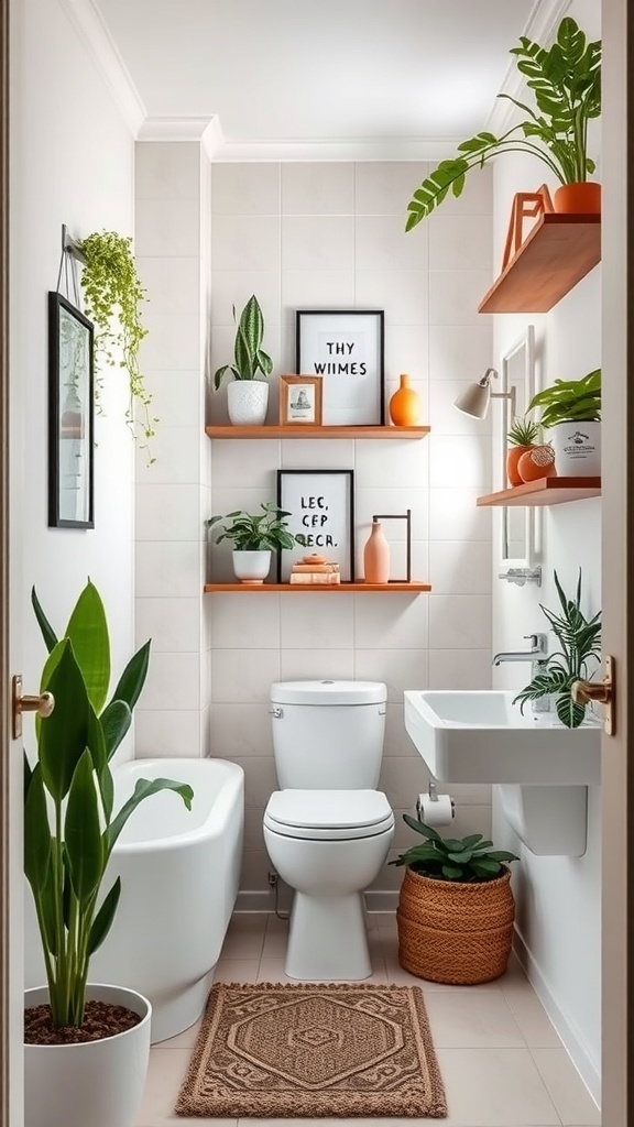 A narrow bathroom featuring vertical shelving with plants and decorative items.