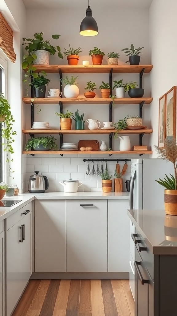 A cozy kitchen with open wooden shelves filled with plants and kitchenware.