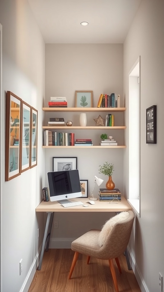 A narrow home office featuring a desk with a computer, open shelving above, and framed pictures on the wall.