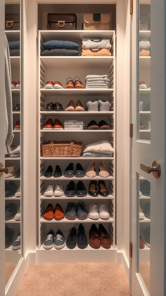 A small closet with organized shelving, displaying shoes, folded clothes, and bags.