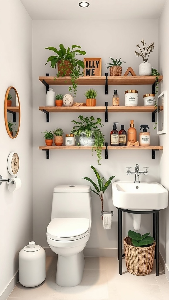 A small bathroom featuring wooden shelves filled with plants and beauty products, maximizing vertical space.