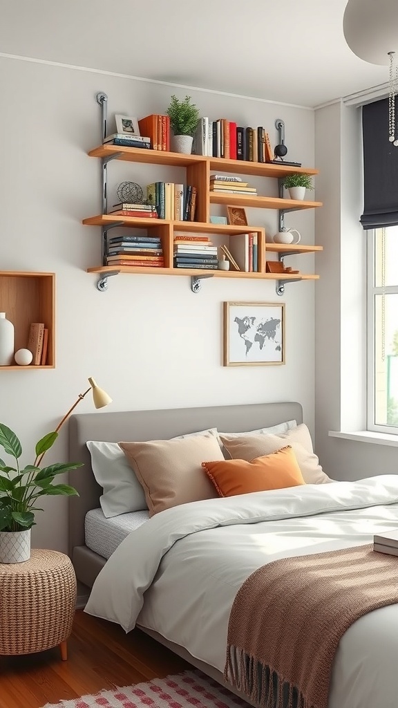 A cozy bedroom with wooden shelving on the wall, filled with books and plants, showcasing vertical space utilization.