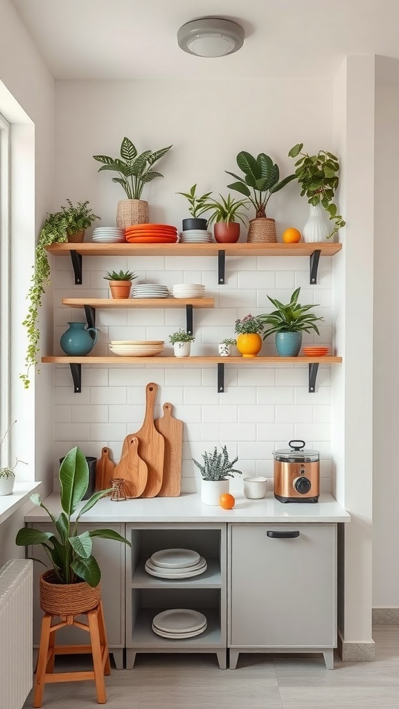 A small kitchen with open shelving displaying colorful plates, plants, and wooden cutting boards.