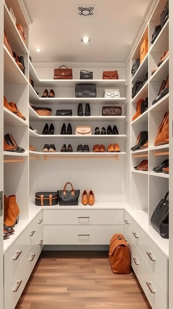 A small walk-in closet with organized shelving for shoes and bags, featuring drawers at the bottom.