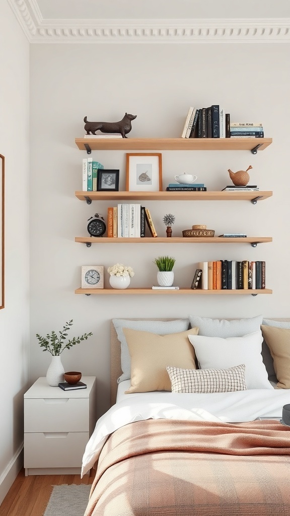 Stylish vertical shelving in a small bedroom with books and decorative items.