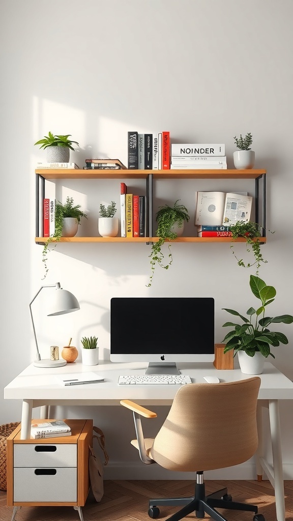 A neatly organized desk with shelves above, featuring books and plants.
