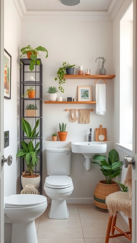 A stylish small bathroom with vertical shelves, plants, and organized decor.