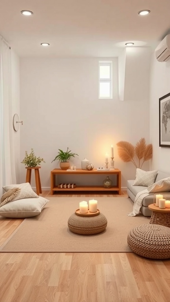 A cozy meditation room with soft lighting, cushions, and plants, creating a calming atmosphere.