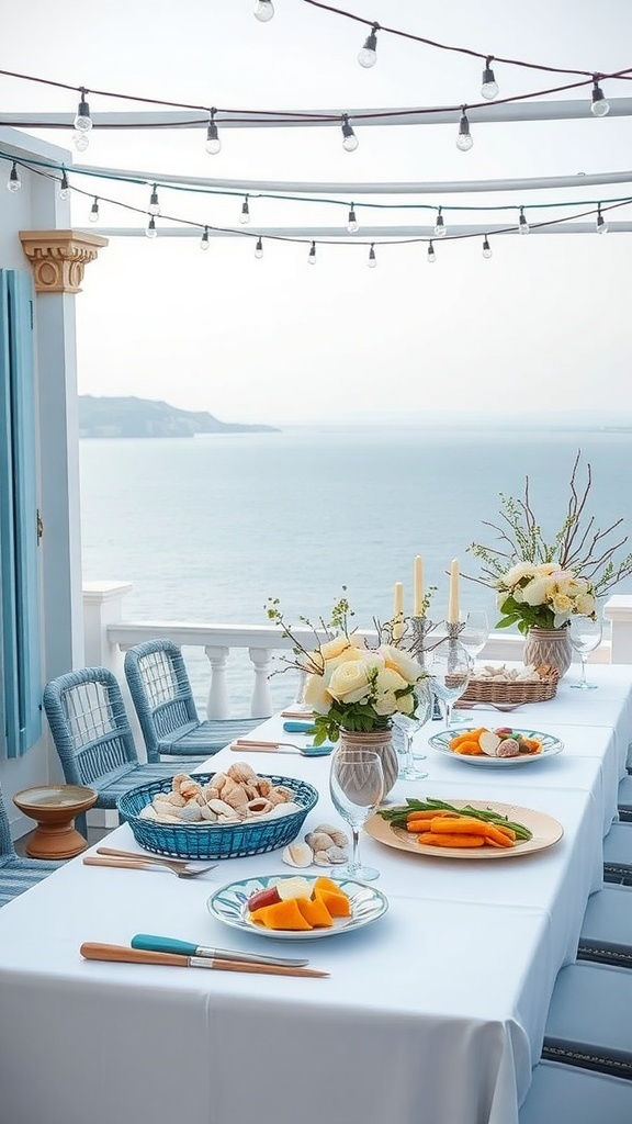 A beautifully set table overlooking the sea with fresh fruits, pastries, and floral arrangements.
