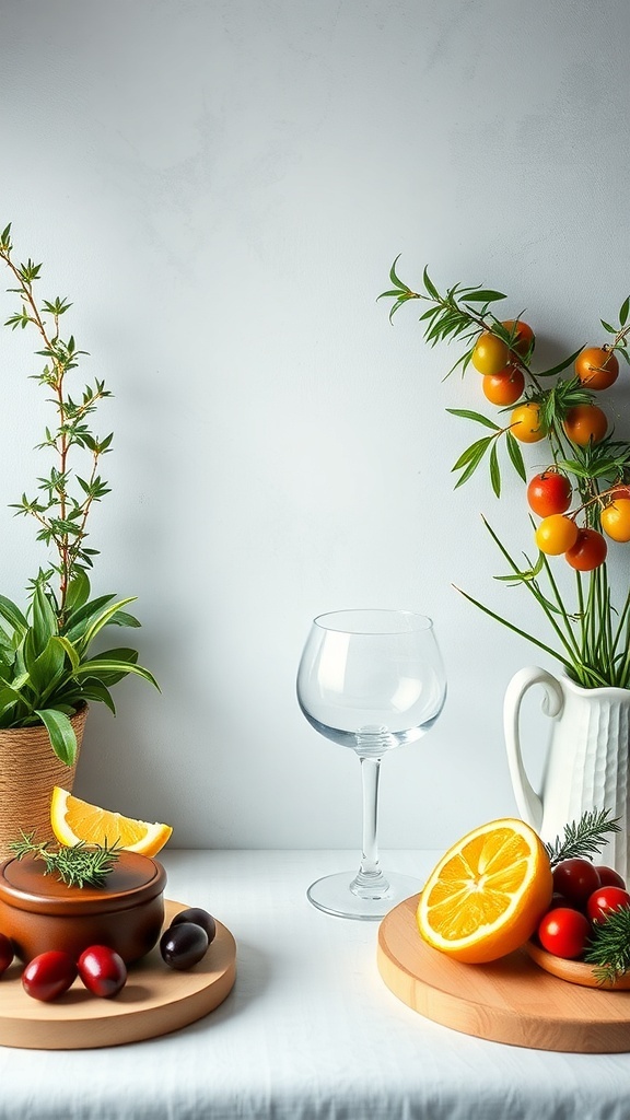 A beautifully arranged table featuring Mediterranean ingredients such as olives, tomatoes, and citrus fruits, set in a relaxed atmosphere.
