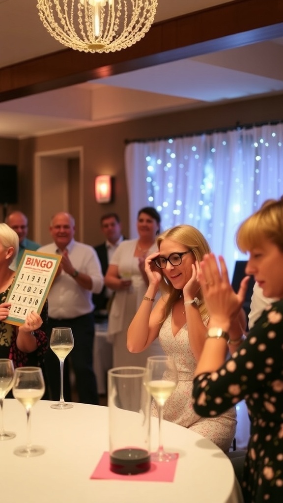 A group of people at a bridal shower enjoying a game of bingo, with some individuals celebrating a win.
